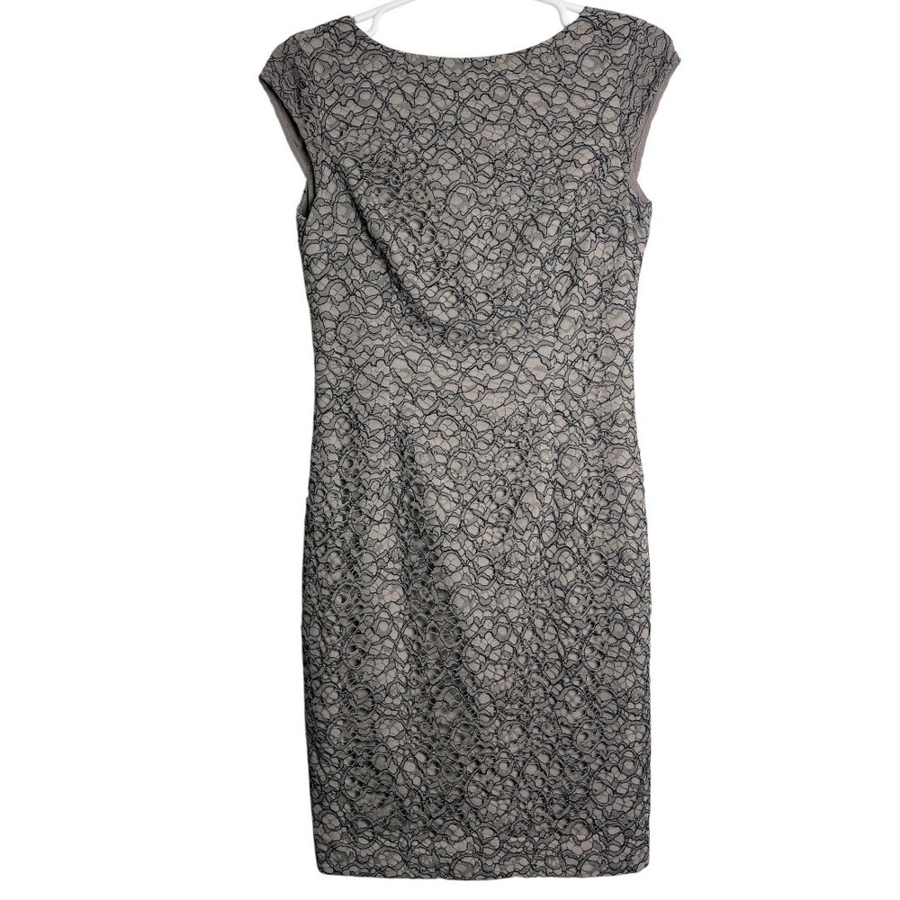 Reiss Ayda Sheath Dress Womens 4 Taupe Black Corded Lace Cap Sleeve V-Back